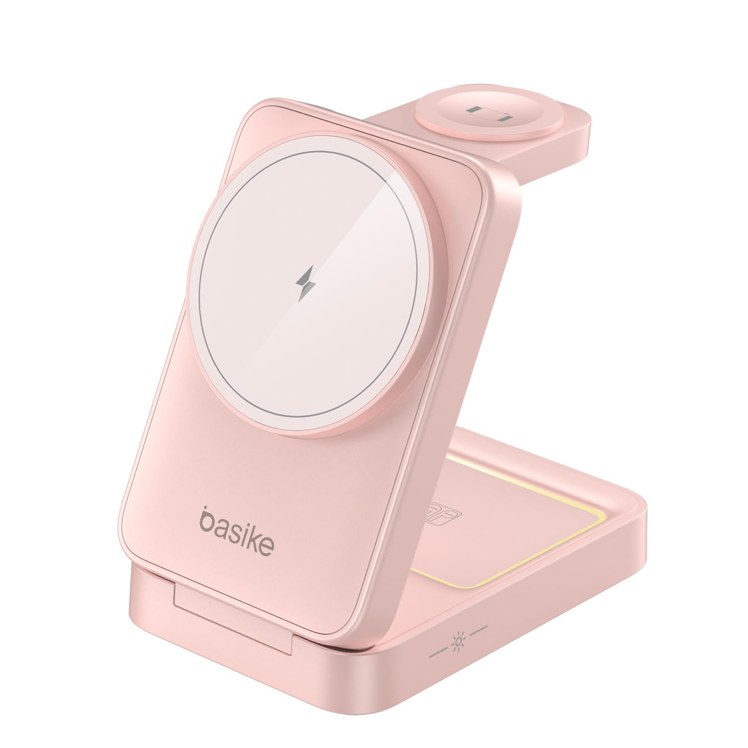 Basike Carregador Sem Fio 3 em 1 Magnético Dobrável Portátil Luz Noturna | Estação de Carregamento 2025, Compatível com MagSafe, iPhone 16/15/14/13/12, Apple Watch e AirPod (Ouro rosa)
