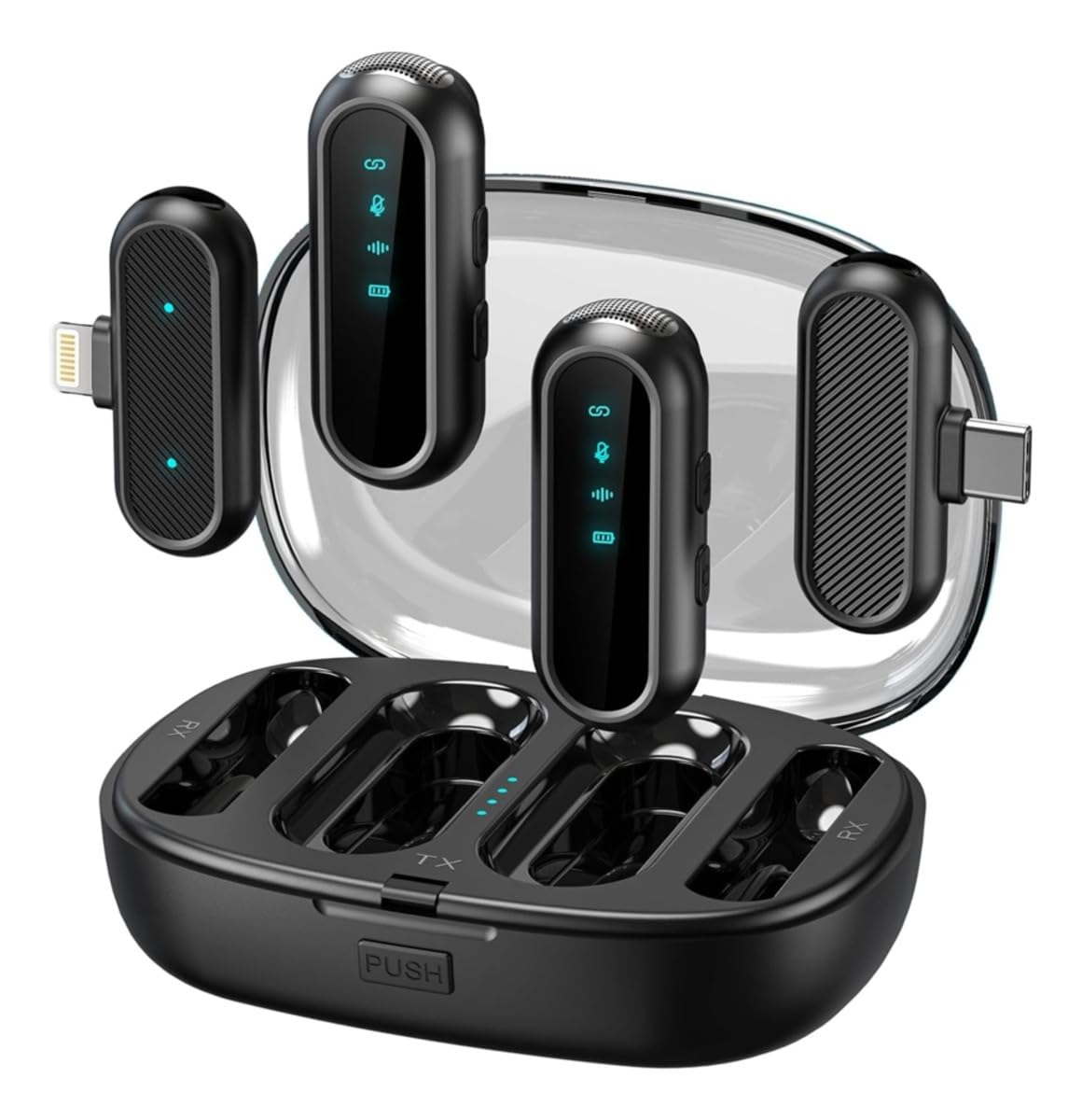 Microfone Duplo Wireless Tipo-C e iPhone | Kit 2 Microfones + 2 Receptores | Áudio Profissional com Cancelamento de Ruído | Plug & Play | Bateria Longa Duração | Ideal para Gravações, Vídeos e Lives