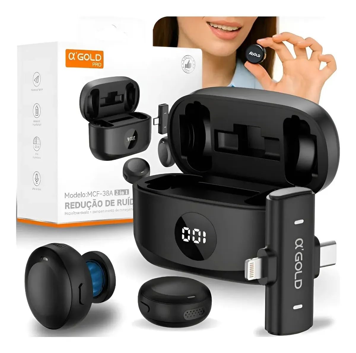 Kit com 2 Microfones de Lapela Sem Fio Bluetooth USB-C – Áudio Profissional com Cancelamento de Ruído, Compatível com iPhone e Android, Plug & Play para Lives, Vídeos e YouTube - Premium (MCF-38A)