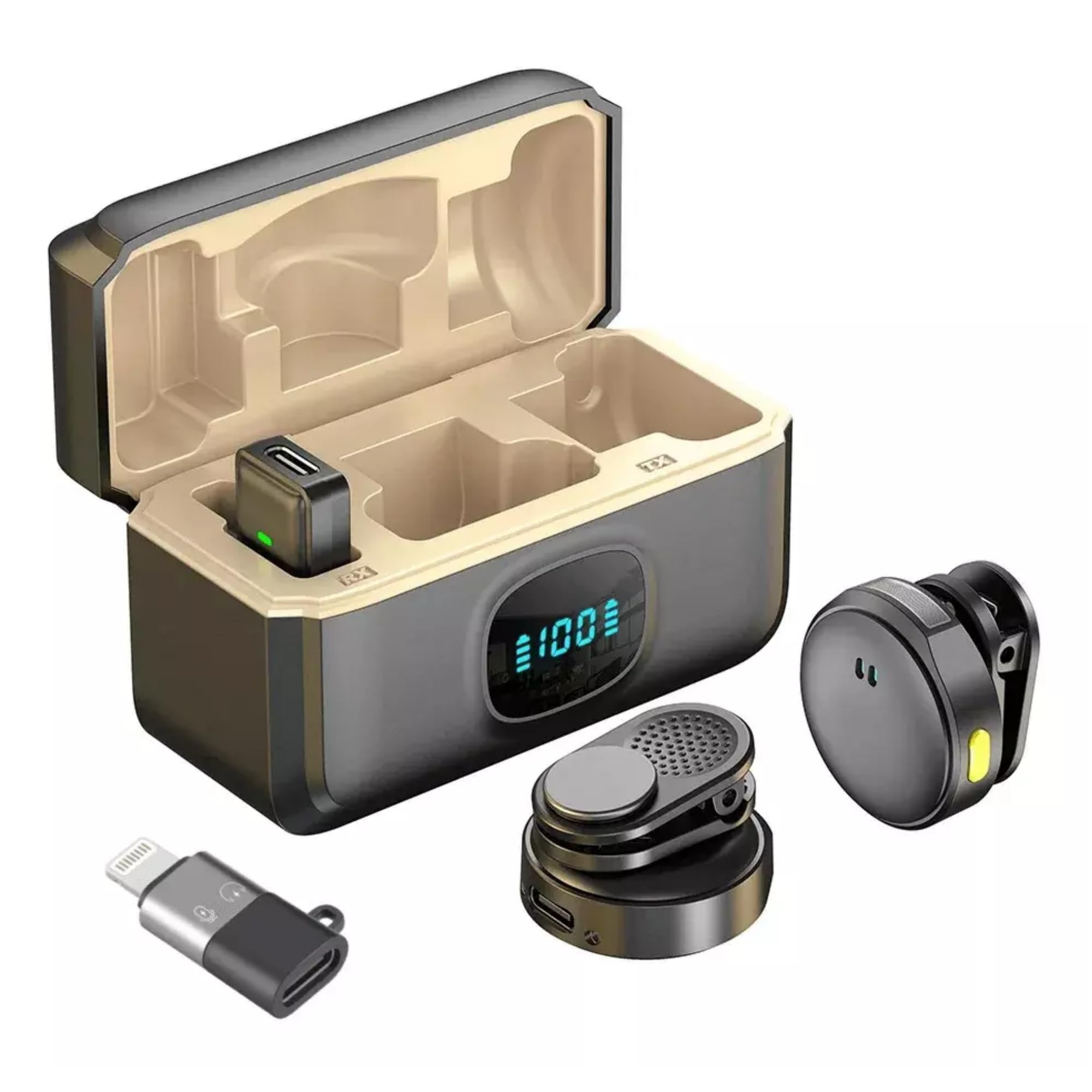 Microfone de Lapela Sem Fio com Cancelamento de Ruido Profissional para iPhone e Android Bluetooth 2,4G Clip Magnetico Estojo de Carregamento Audio Premium para Vlog Live YouTube Podcast
