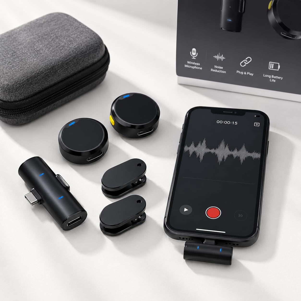 Microfone de Lapela Sem Fio Kit com 2 Unidades Bluetooth Captação Profissional de Áudio Conexão USB-C Compatível com iPhone Android Ideal para Podcast YouTube TikTok Entrevistas e Lives