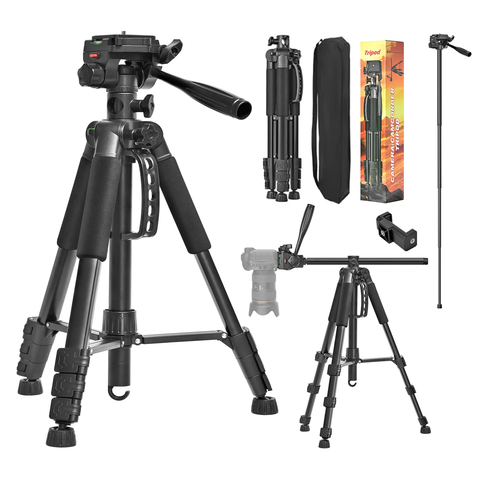 Tripé Profissional de 183 cm/72'' para Câmeras e Celulares | Rotação de 360°, Altura 55–183cm, Bolsa de Transporte, Compatível com Câmeras DSLR, iPhone e Android