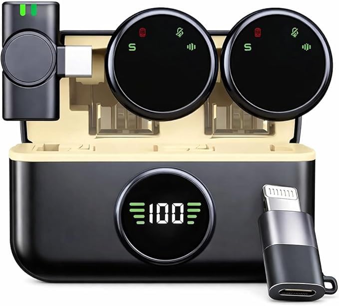 Microfone de Lapela Profissional, kit 2 Microfone sem Fio com Imã | Microfone Lapela Com Cancelamento de Ruido, Para Videos e Live, Compatível com Android e iPhone - Premium