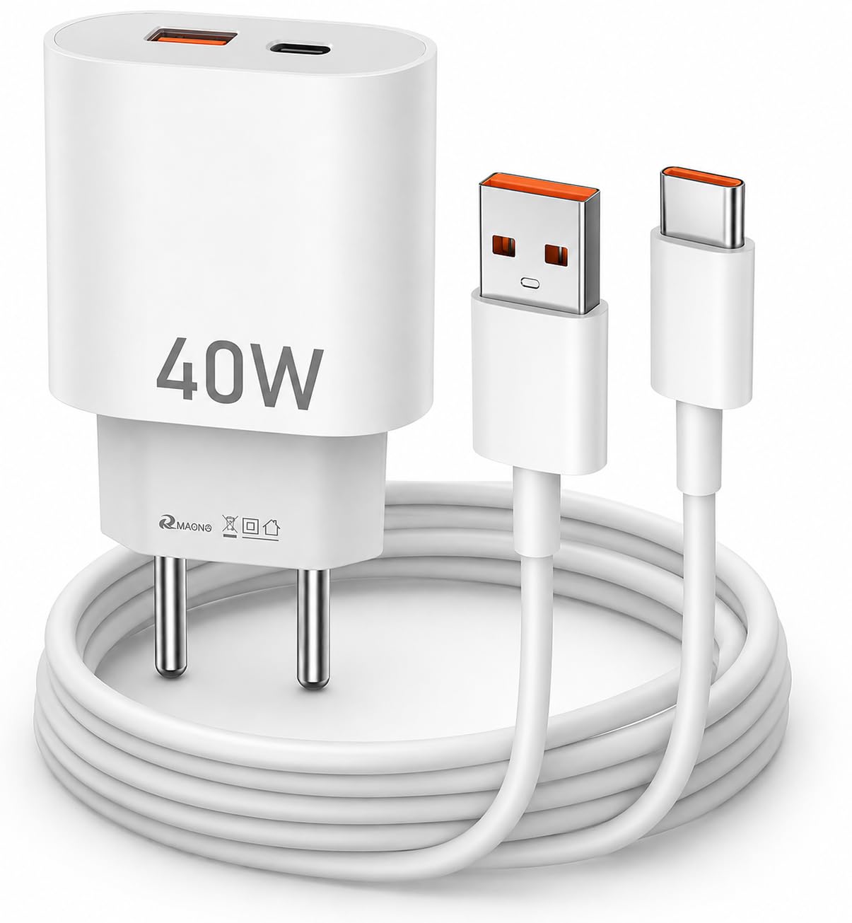 Kit Carregador tipo C Turbo 40W com Cabo USB-C compatível com iPhone, S20, S21, Bivolt, Branco, Proteção contra Sobrecarga, para iPhone 15, 16, 17