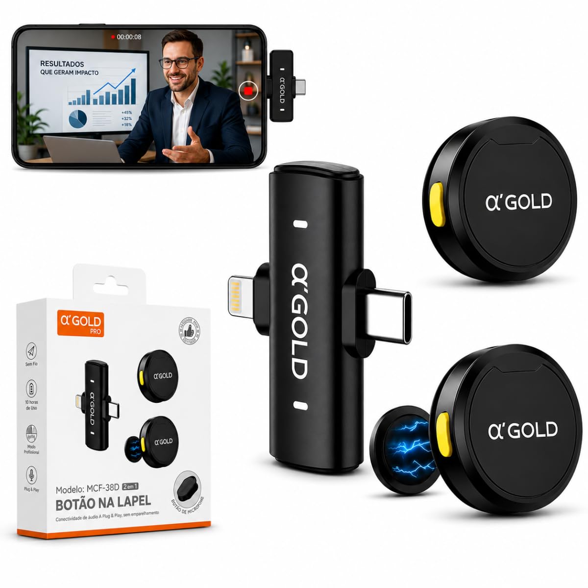 Microfone de Lapela Sem Fio Bluetooth Profissional Duplo Kit 2 Microfones com Redução de Ruídos Gold Premium para iPhone USB Tipo C Lightning Celular Notebook PC Câmera Redondo