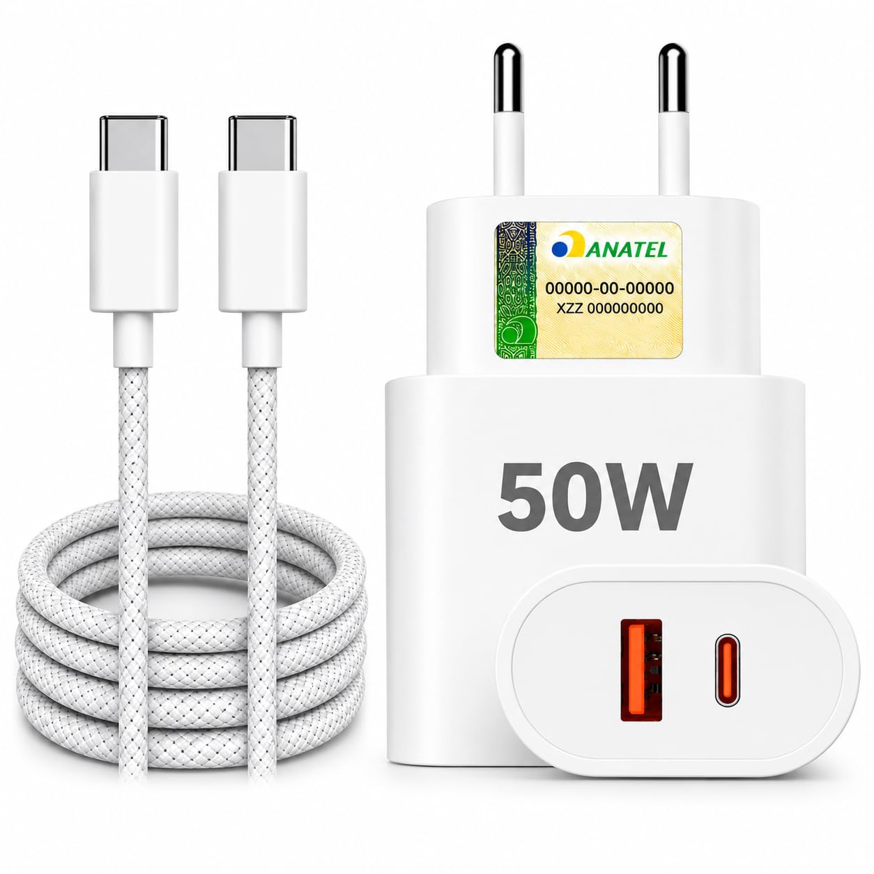 Carregador Turbo Rápido 50W Power Delivery PD USB-C + USB com Cabo Tipo C – Fonte Bivolt de Carregamento Rápido Dupla Saída para Celular, Tablet, iPhone, Samsung, Xiaomi, Motorola e Mais