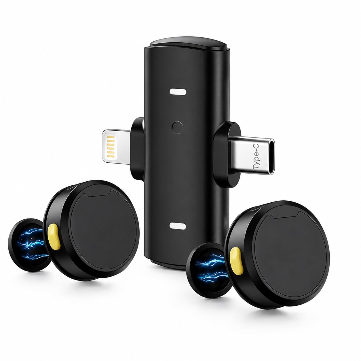 Microfone Lapela Sem Fio Duplo KDI P1-AC para iPhone e Android — Redução de Ruído IA, USB-C e Lightning, 2 Mic, Gravação Profissionais para Vídeos, Lives, TikTok e Podcasts