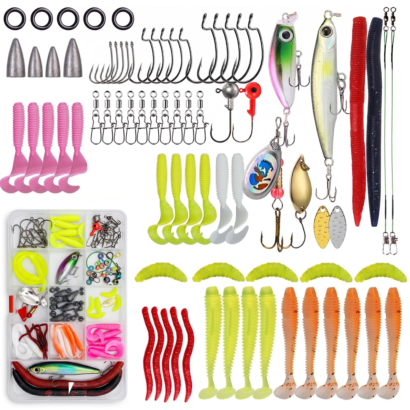 Kit de Pesca Isca Artificial com 114 Peças, Iscas Artificiais e Acessórios, Kit de Iscas de Pesca para Iscas de água Doce, Incluindo Iscas de Colher, Minhocas