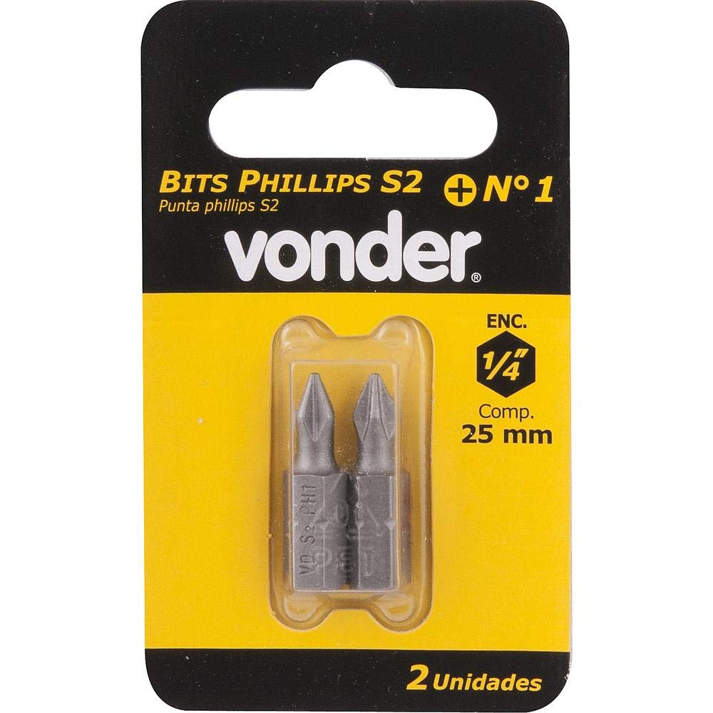 Jogo de Bits/Ponteira Phillips S2, Encaixe 1/4", Nº 1, 3/16" x 50 mm, com 2 Peças, Vonder VDO688