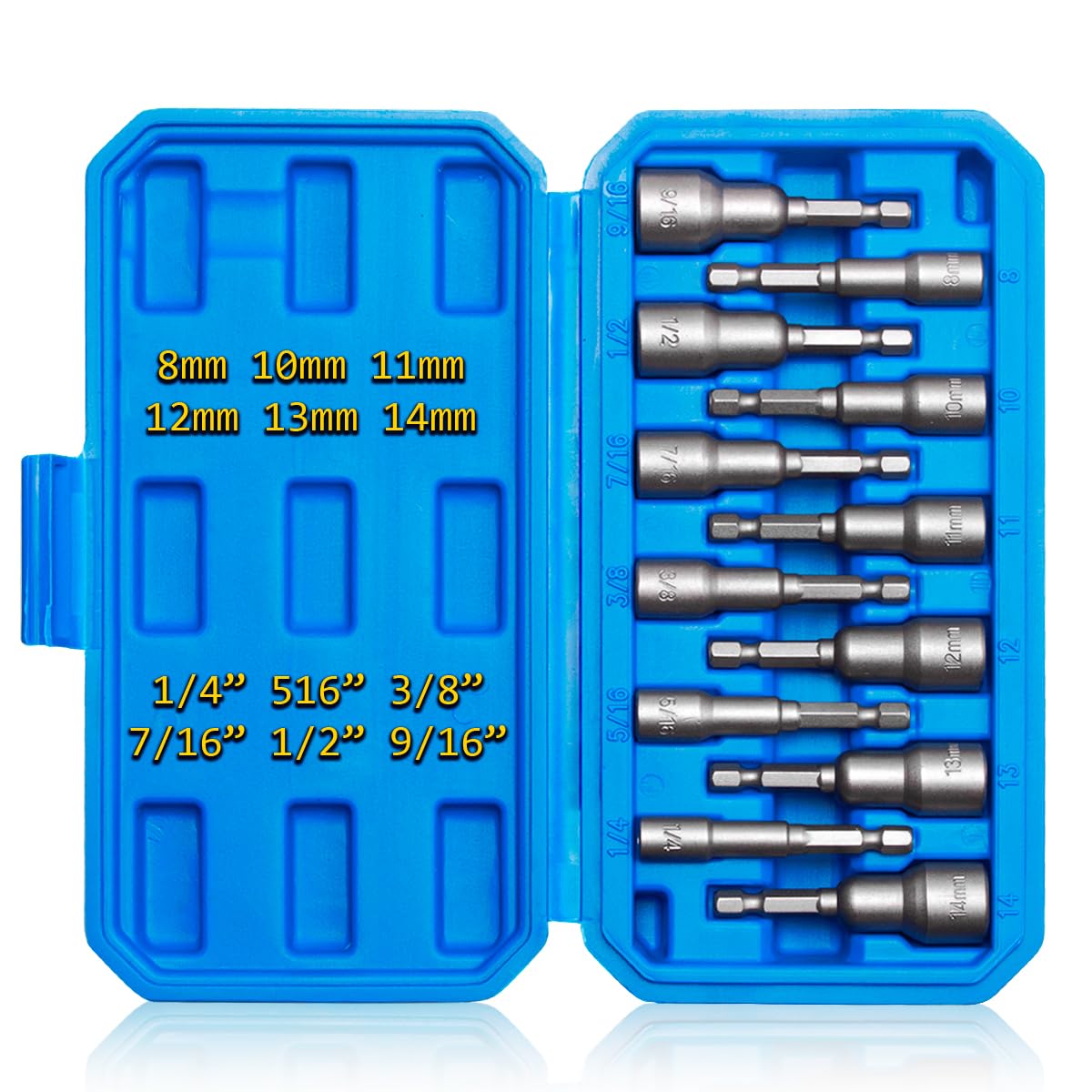 Jogo de Bits Soquete Canhão Magnético para Parafusadeira com Maleta, 12 Peças, 8mm a 14mm e 1/4" a 9/16"