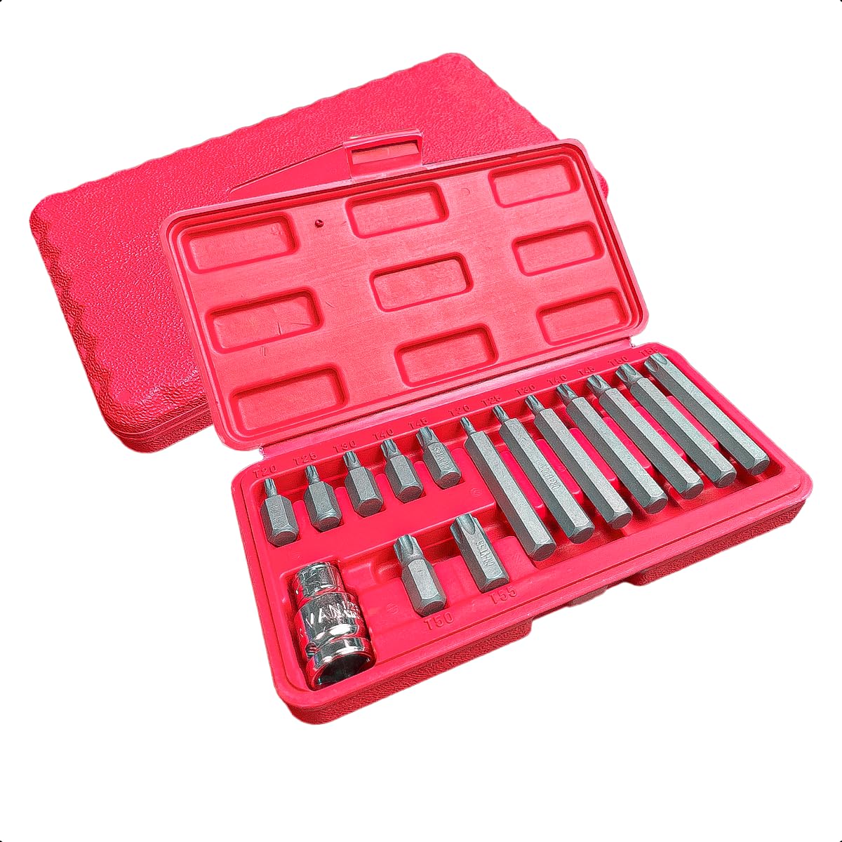 Jogo de Bits Torx Profissional 15 Peças T20 a T55 Feron com Adaptador 1/2”, Bits Curtos e Longos em Aço Cromo Vanádio para Oficina Mecânica Automotiva