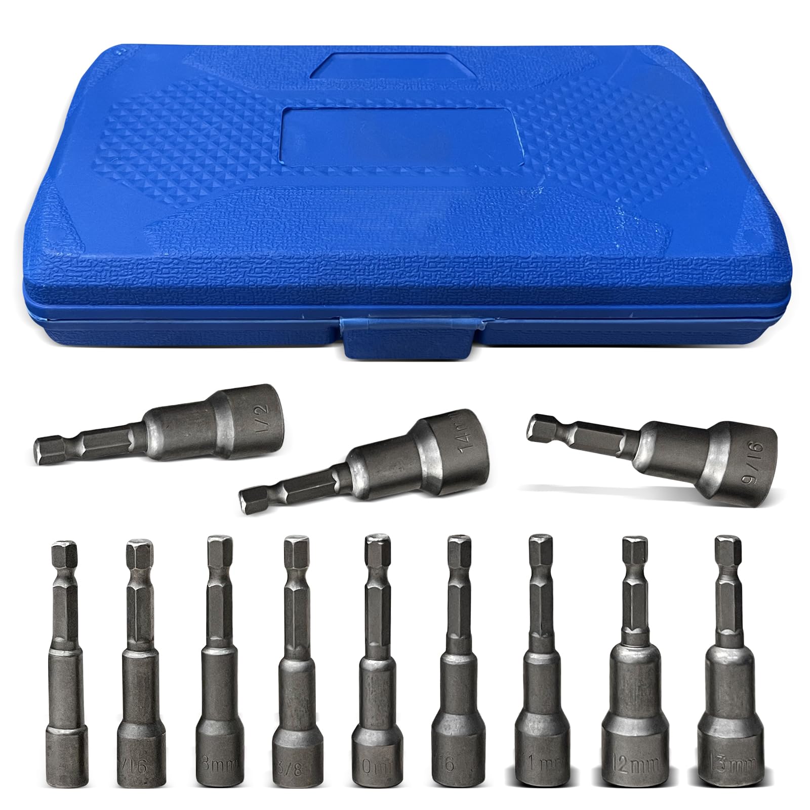 Jogo de Bits Soquetes Multifuncional 12 Peças, Tamanhos 5 a 13mm, Haste Sextavada 1/4", Aço Cromo Vanádio, Magnético, com Tratamento Anticorrosivo, para Parafusadeiras Elétricas e Manuais