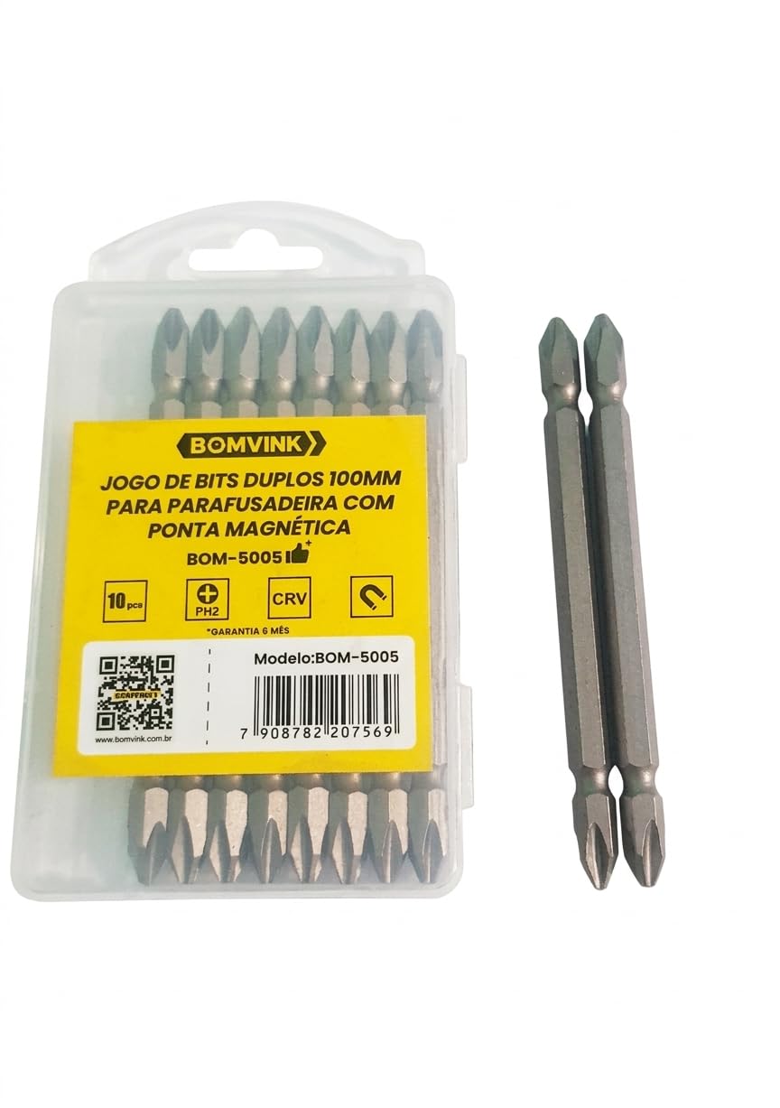 Bomvink Jogo de Bits Duplos PH2, 100mm, CRV com Ponta Magnética, 10 Peças