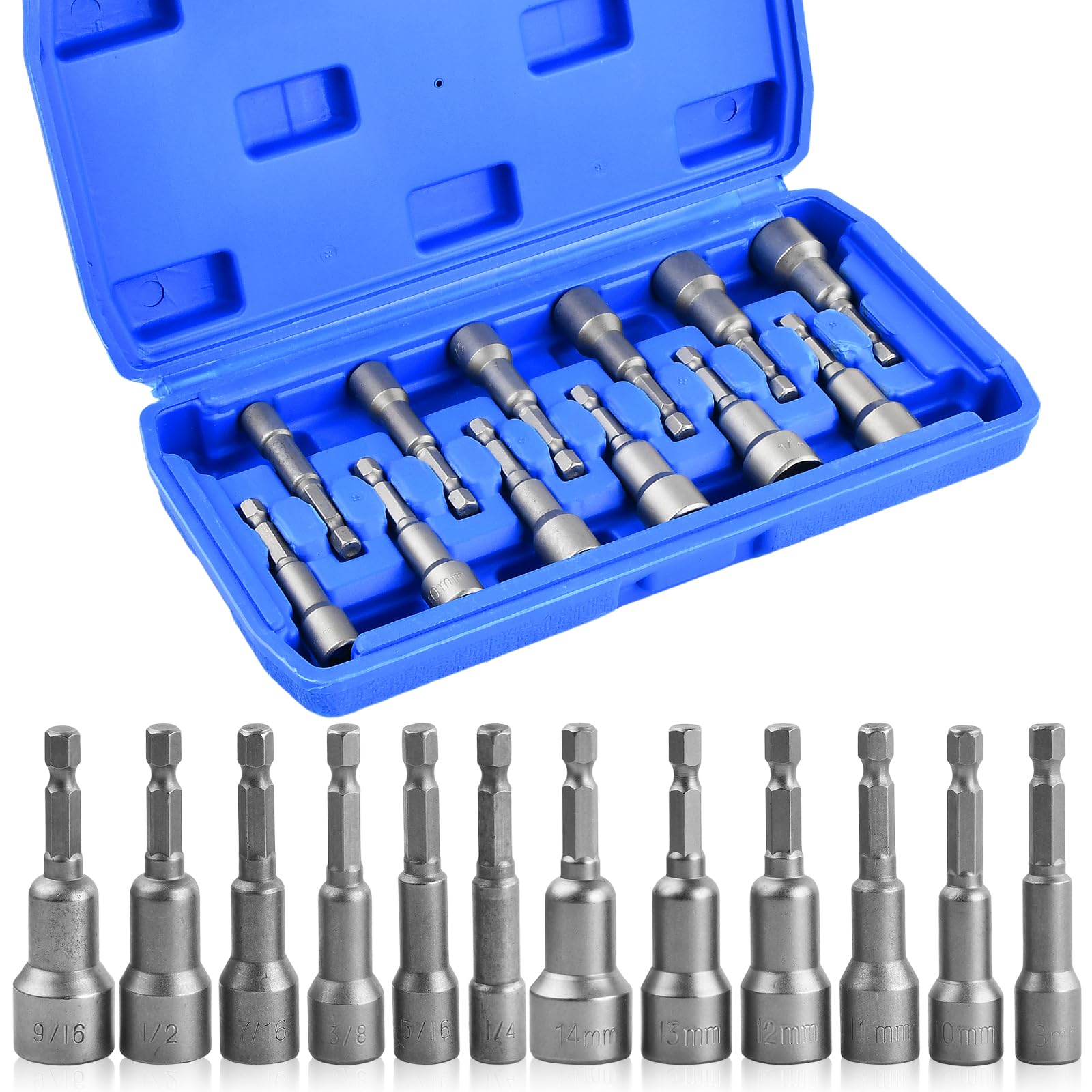 Jogo de Bits Soquete Canhão Magnético 12 Peças com Maleta, Soquetes Sextavados para Parafusadeira, Kit Profissional de Ponteiras Hexagonais para Uso Automotivo e Industrial