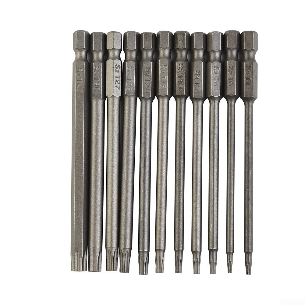 Jogo de Bits Torx 100mm Extra Longo 11 Peças Aço Liga T7-T40 Sextavado Segurança para Furadeira Elétrica
