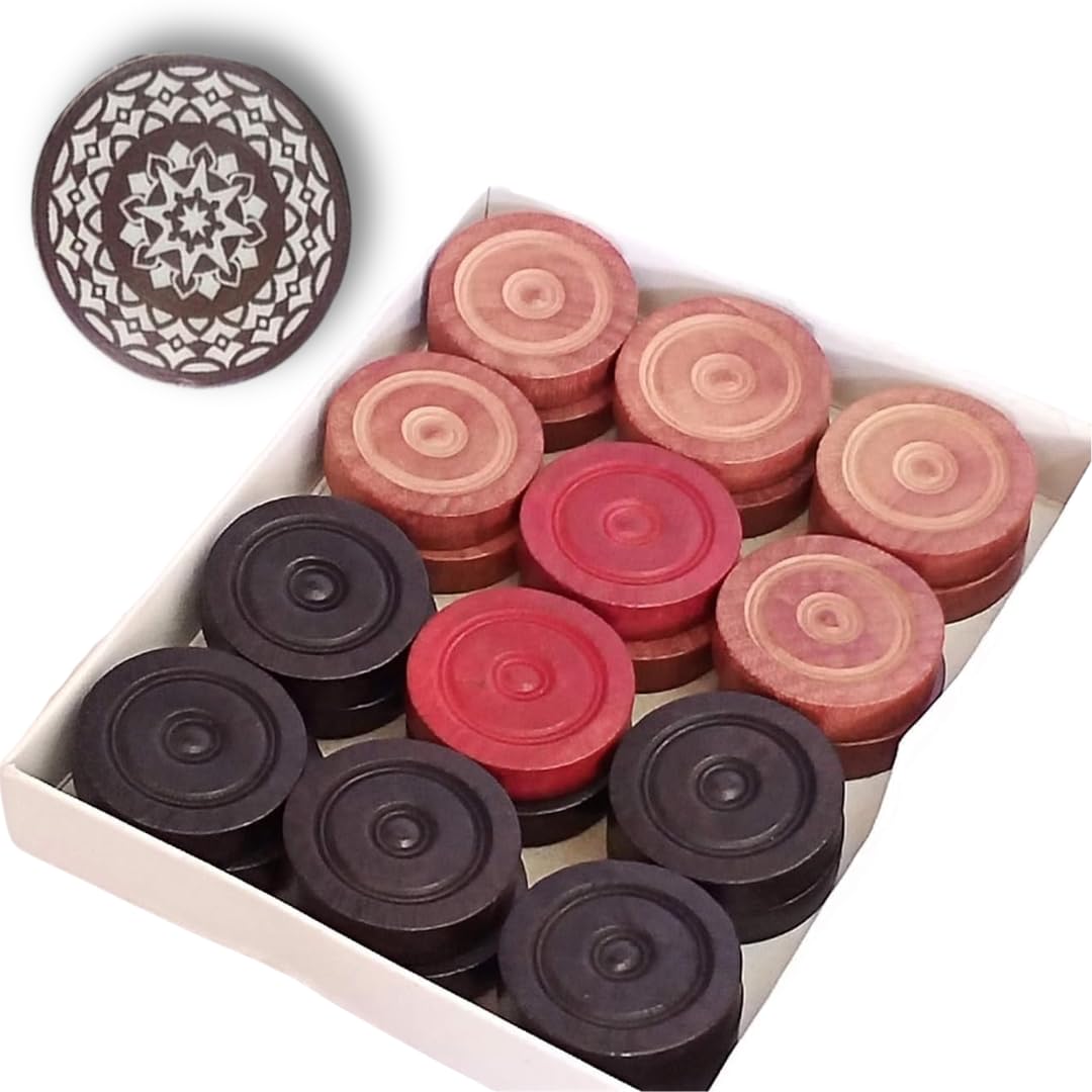AnNafi Conjunto de 24 peças de moedas e sólido profissional Striker, damas de madeira com cume empilhável (24 peças de placa de carrom com capa/estojo de bastão + 1 bastão ) – branco/vermelho/preto