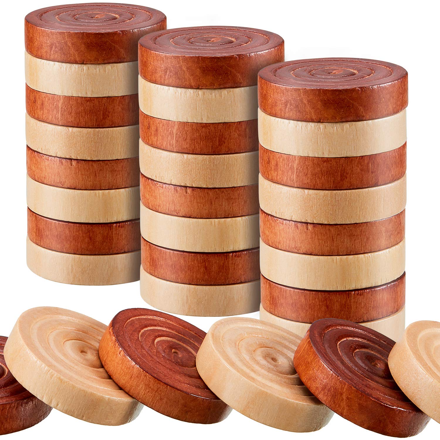 Sumind 24 peças de damas de madeira de 2,06 cm, peças empilháveis com bolsa de armazenamento com cordão para jogo de tabuleiro gamão, marrom escuro e cor de madeira natural