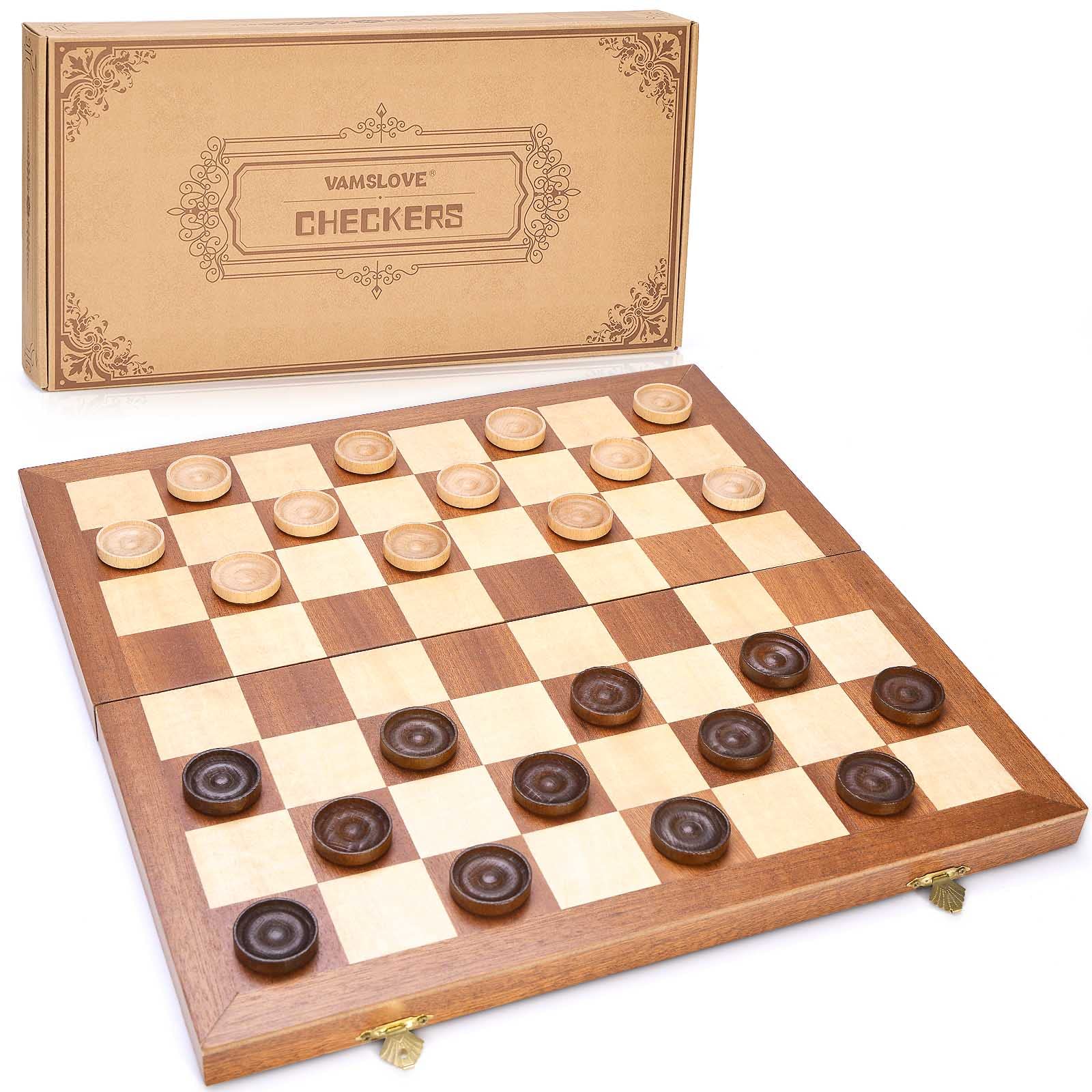 Vamslove Jogo de damas dobrável de 35,5 cm, jogo de madeira dobrável, 20 x 20 cm, tabuleiro de damas internacionais, 64 quadrados, com compartimentos de armazenamento (instruções incluídas), Cor de madeira