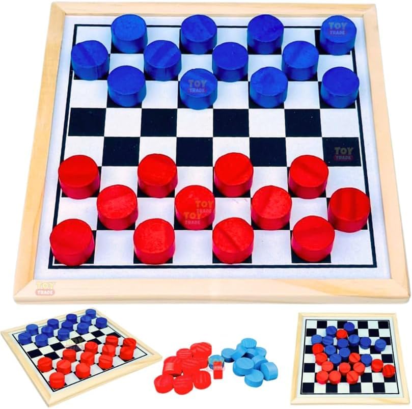 Tabuleiro de Dama 24 Peças Madeira Reflorestamento com Borda Jogo de Mesa para Presente Brinquedo Classico de Damas