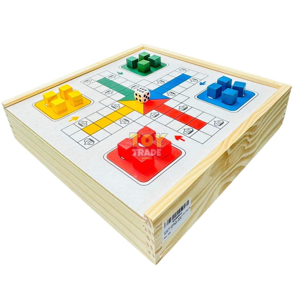 Jogos de Tabuleiro 4 em 1, Damas, Dominó, Jogo da Velha e Ludo, Estojo de Madeira, 20x20x7cm