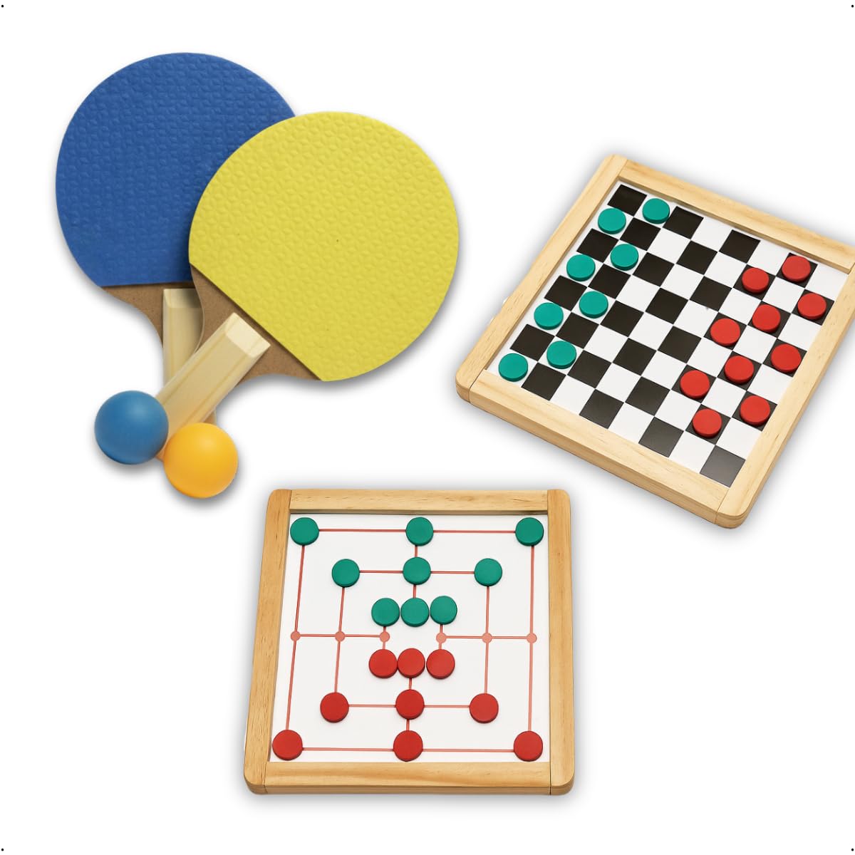 HOME GOURMET Kit Jogos de Tabuleiro 2 em 1, Damas e Trilha com Raquetes de Ping Pong, Madeira, 23,5x23,5 cm, Peças Coloridas, Ideal para Diversão em Família