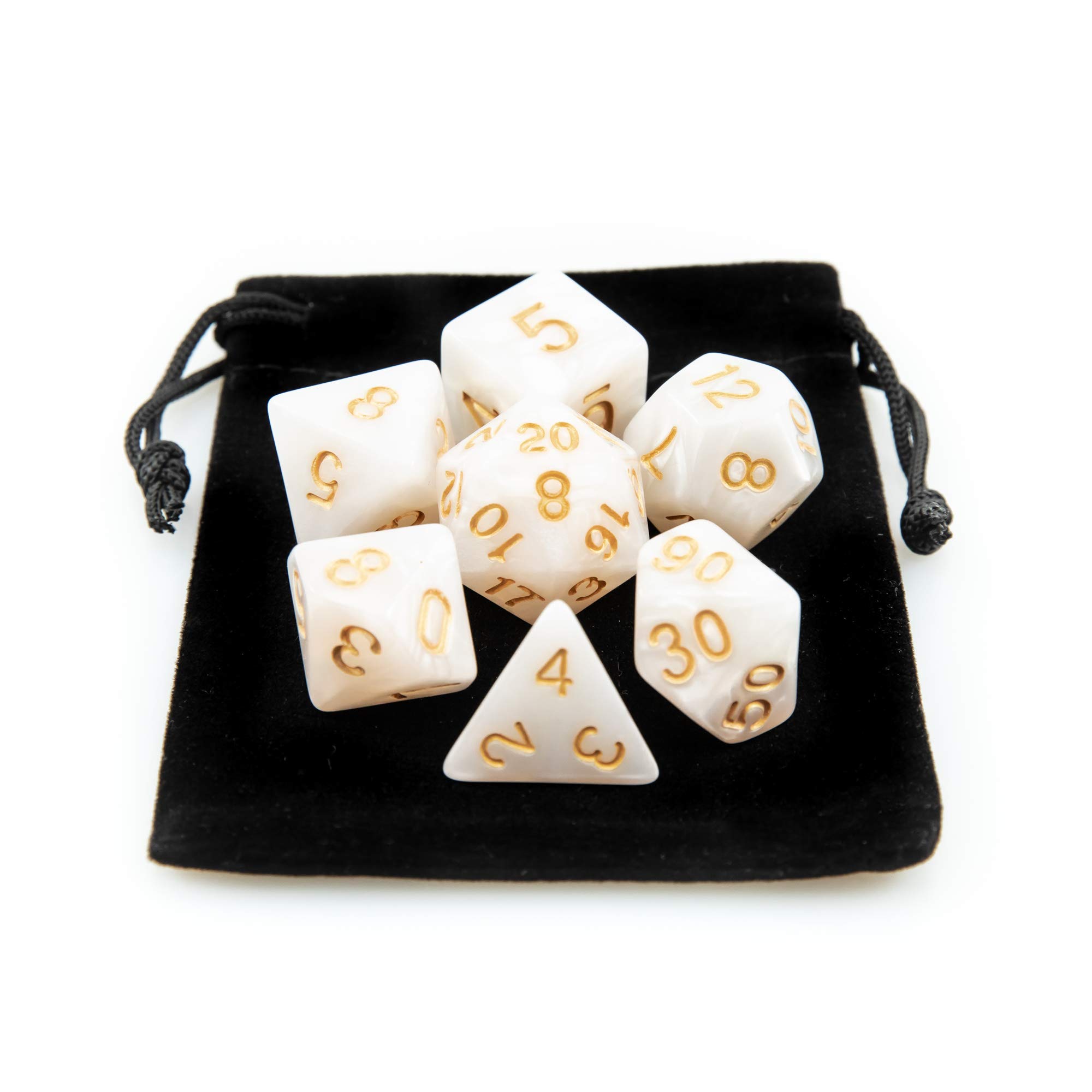 Kit 7 Dados RPG de Mesa Opaco Perolado Cor BRANCO ROYAL + 1 Bolsinha | Conjunto D4 D6 D8 D10 D10% D12 D20
