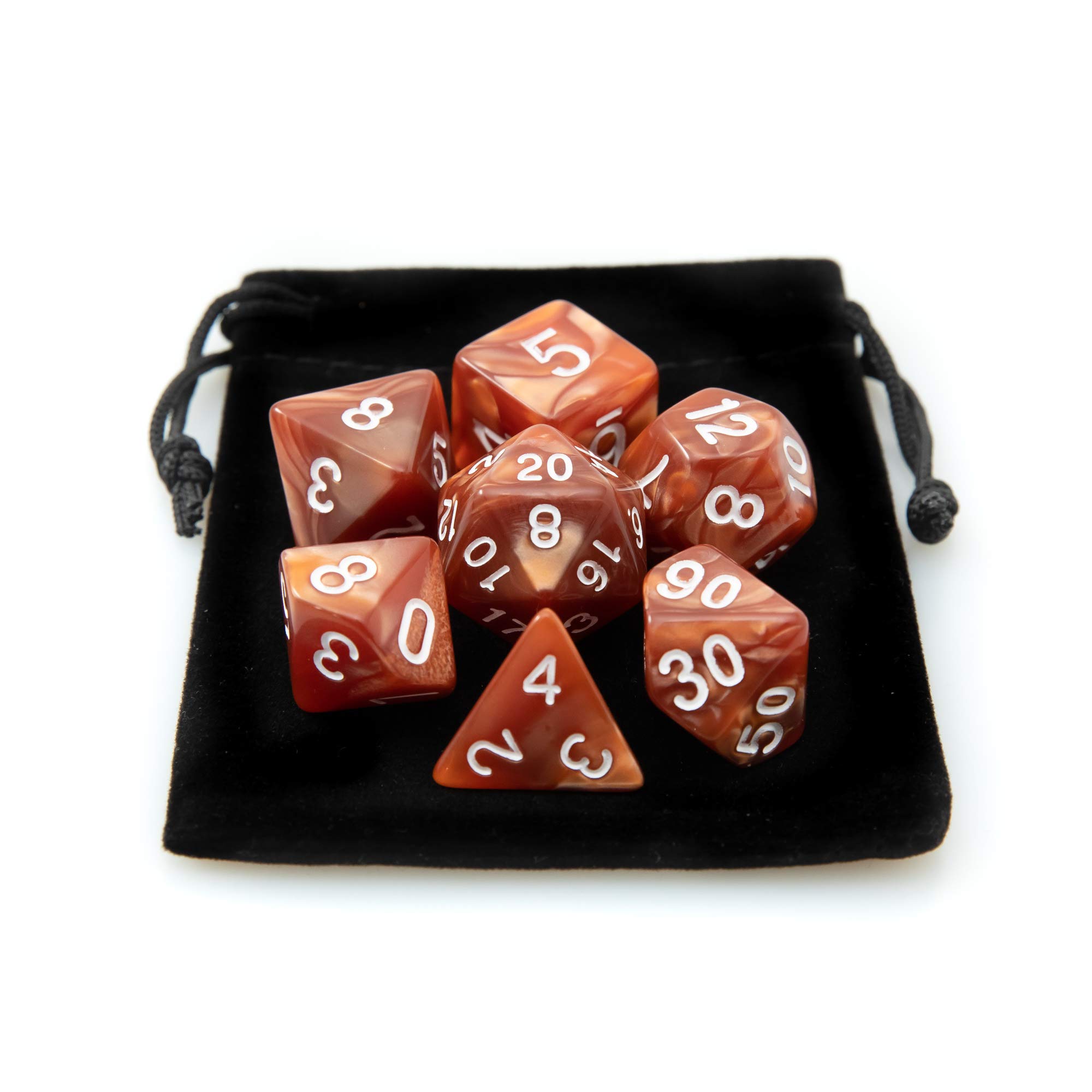 Kit 7 Dados RPG de Mesa Opaco Perolado Cor MARROM + 1 Bolsinha | Conjunto D4 D6 D8 D10 D10% D12 D20