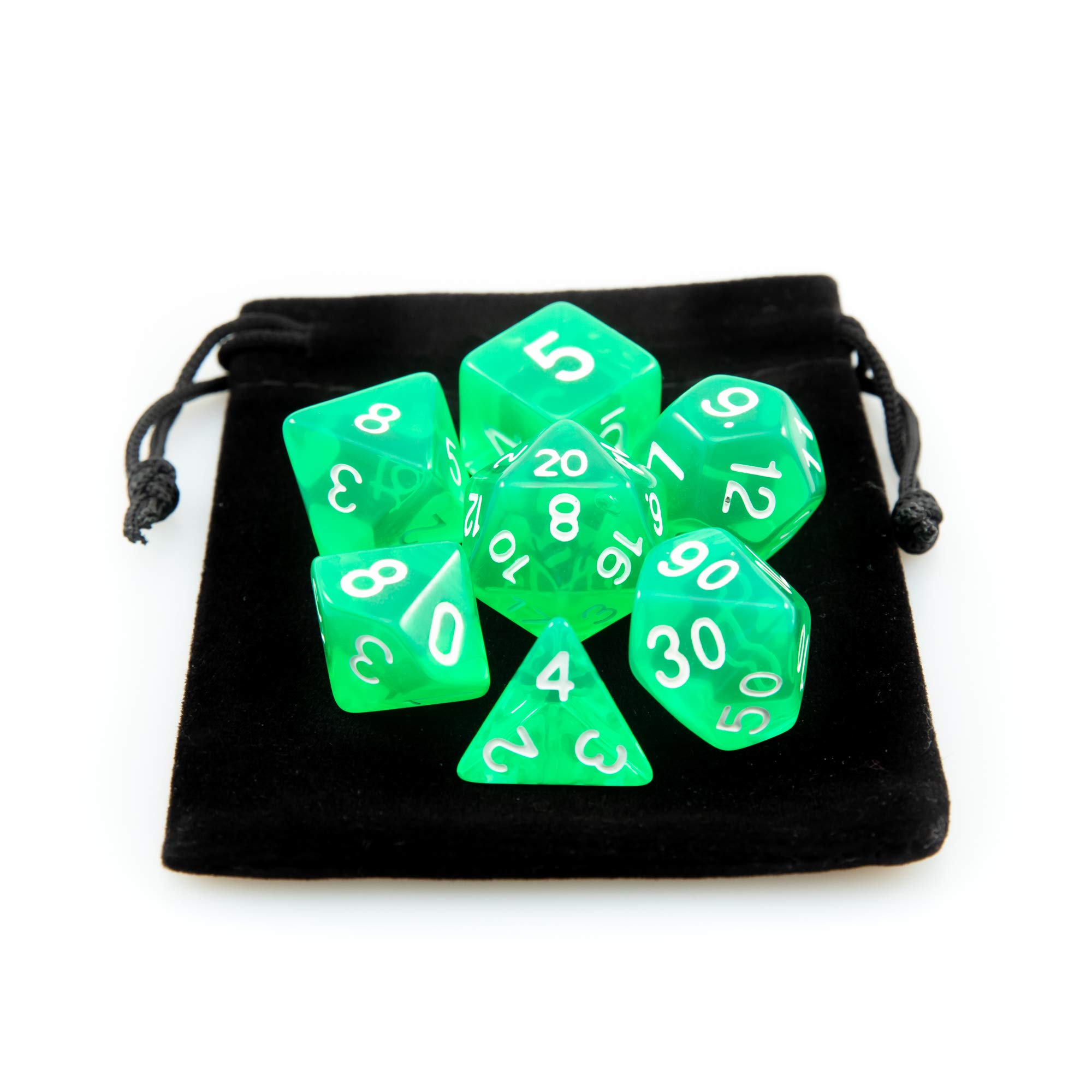 Kit 7 Dados RPG de Mesa D&D Acrílico Translúcido D4 D6 D8 D10 D10% D12 D20 Cor VERDE + 1 Bolsa