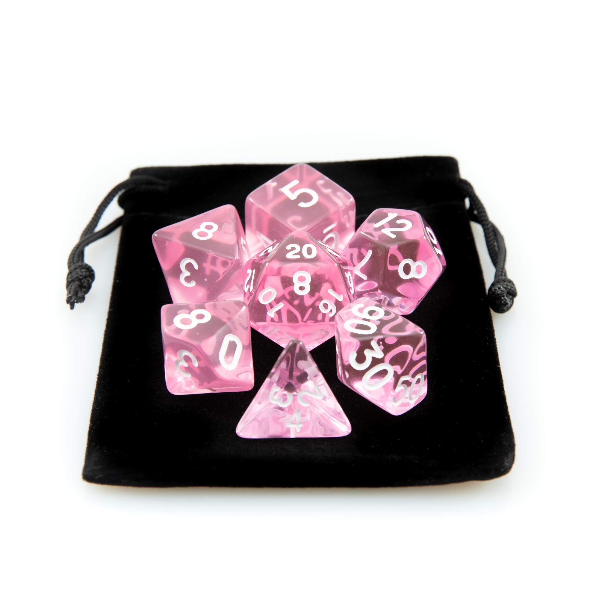 Kit 7 Dados RPG de Mesa D&D Acrílico Translúcido D4 D6 D8 D10 D10% D12 D20 Cor ROSA + 1 Bolsa