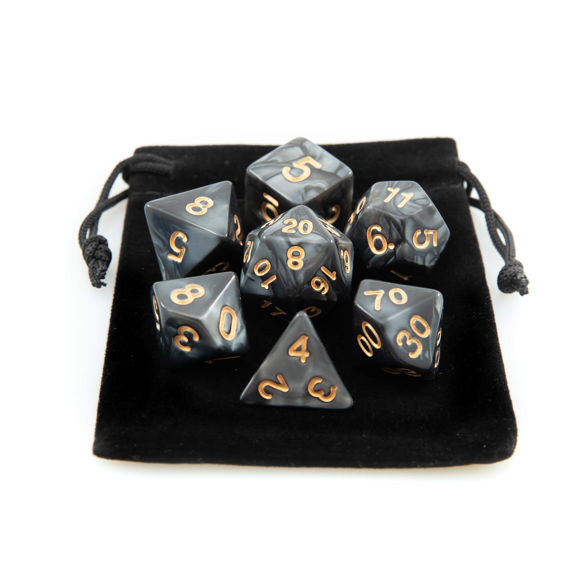 Kit 7 Dados RPG de Mesa D&D Opaco Perolado D4 D6 D8 D10 D10% D12 D20 Cor PRETO ROYAL + 1 Bolsa
