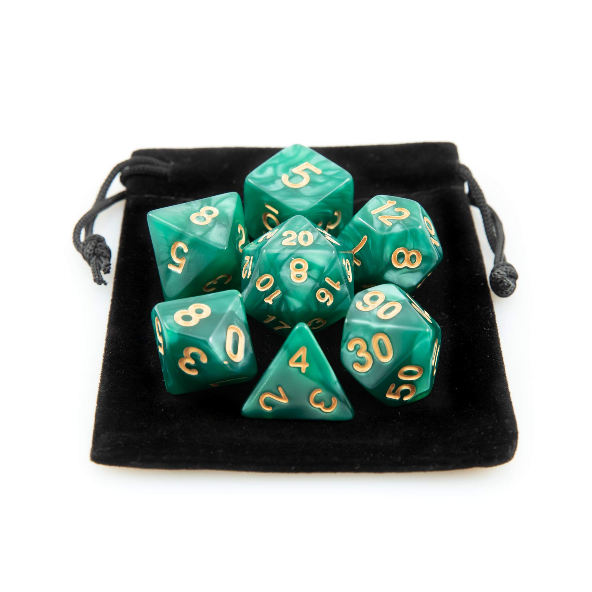Kit 7 Dados RPG de Mesa Opaco Perolado Cor VERDE ROYAL + 1 Bolsinha | Conjunto D4 D6 D8 D10 D10% D12 D20