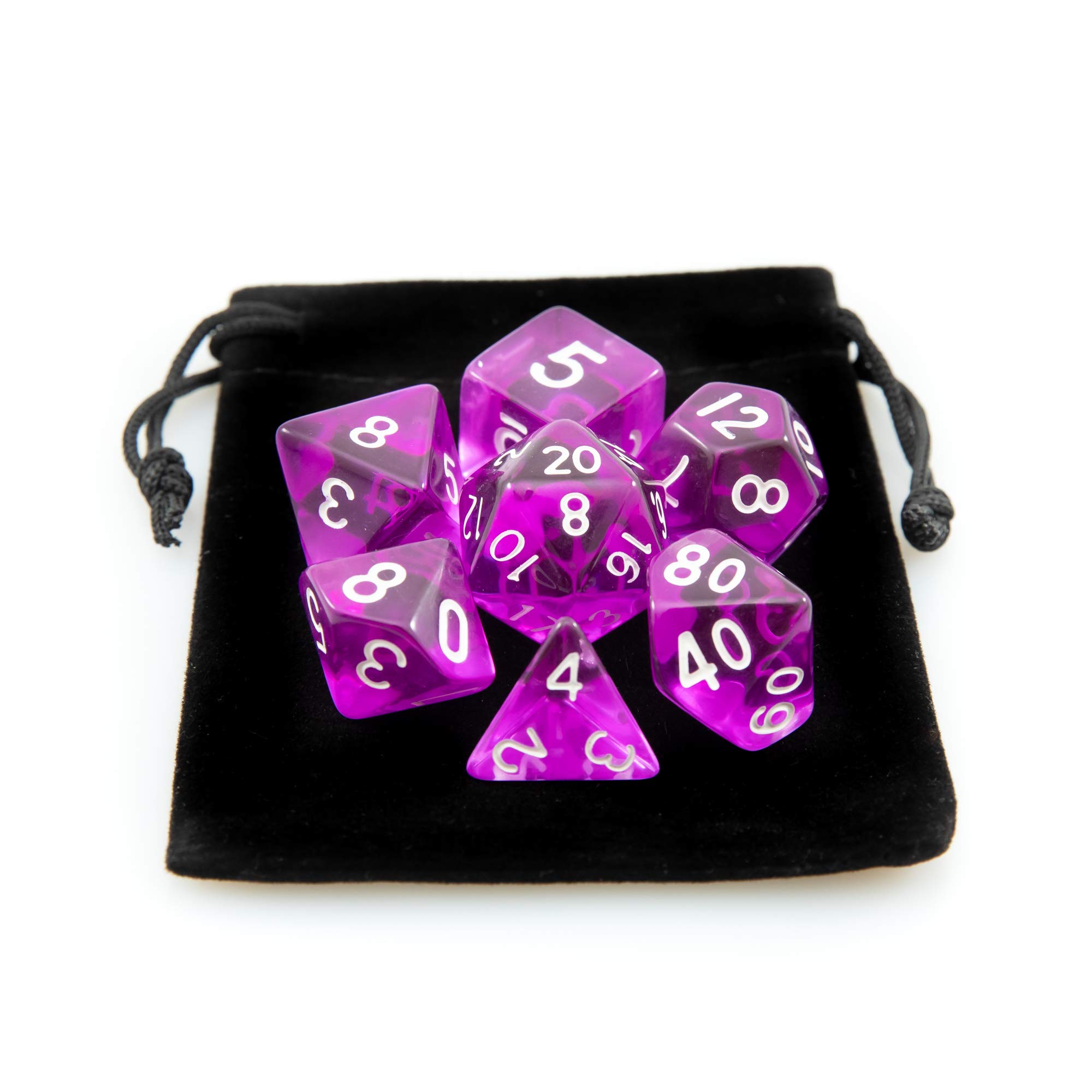 Kit 7 Dados RPG de Mesa D&D Acrílico Translúcido D4 D6 D8 D10 D10% D12 D20 Cor ROXO + 1 Bolsa