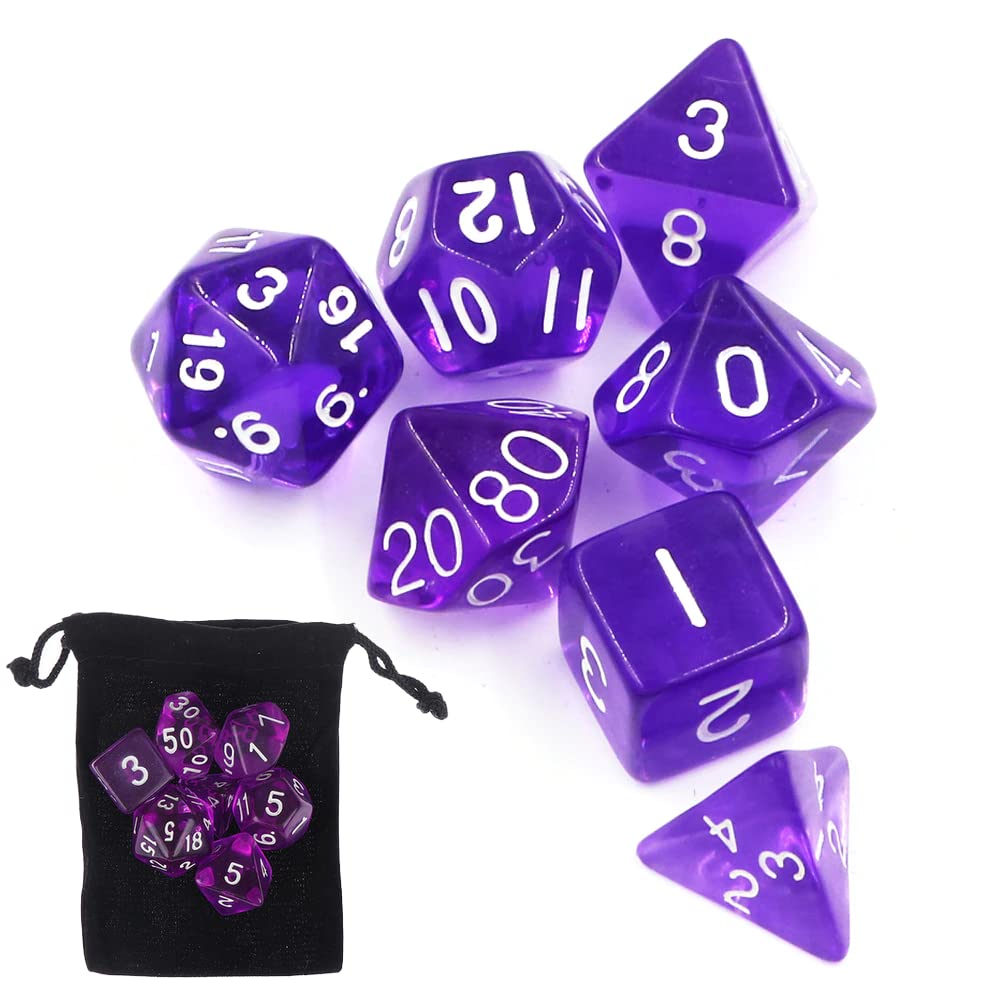 KIt 7 Dados Rpg de Mesa Roxo Translúcido Transparente D4 D6 D8 D10 D10% D12 D20 Boardgame + Bolsa Veludo