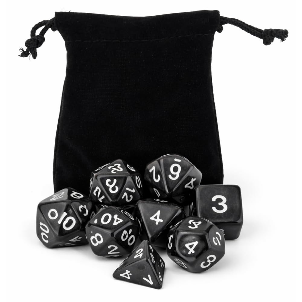 KIt 7 Dados Rpg de Mesa Preto Translúcido Transparente D4 D6 D8 D10 D10% D12 D20 Boardgame + Bolsa Veludo