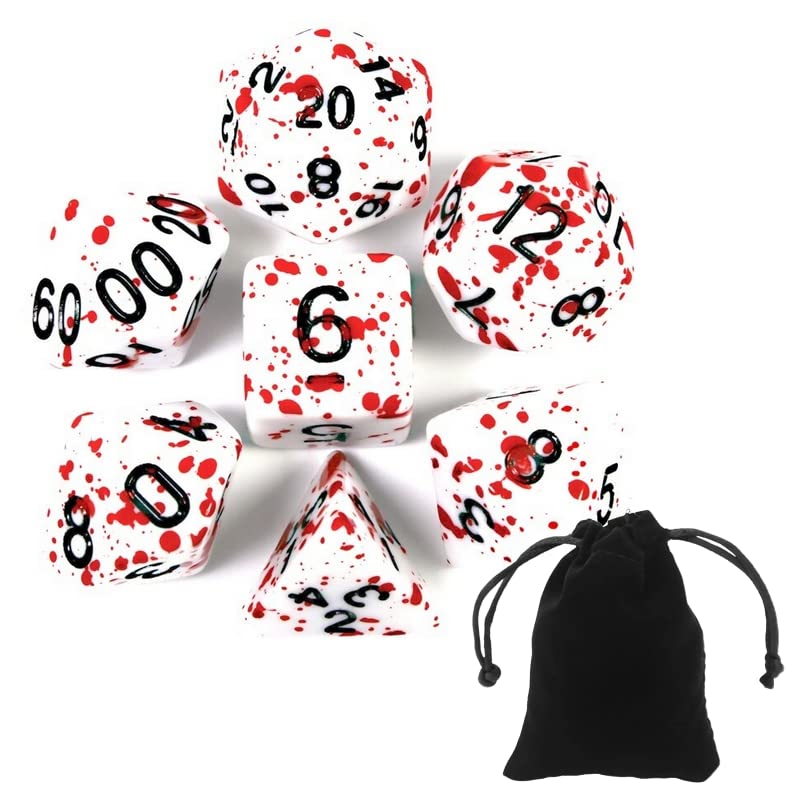 Kit 7 Dados Rpg De Mesa Efeito Gotas de Sangue D&d D4 D6 D8 D10 D10% D12 D20 Manchado Ensaguentado + Bolsa Veludo