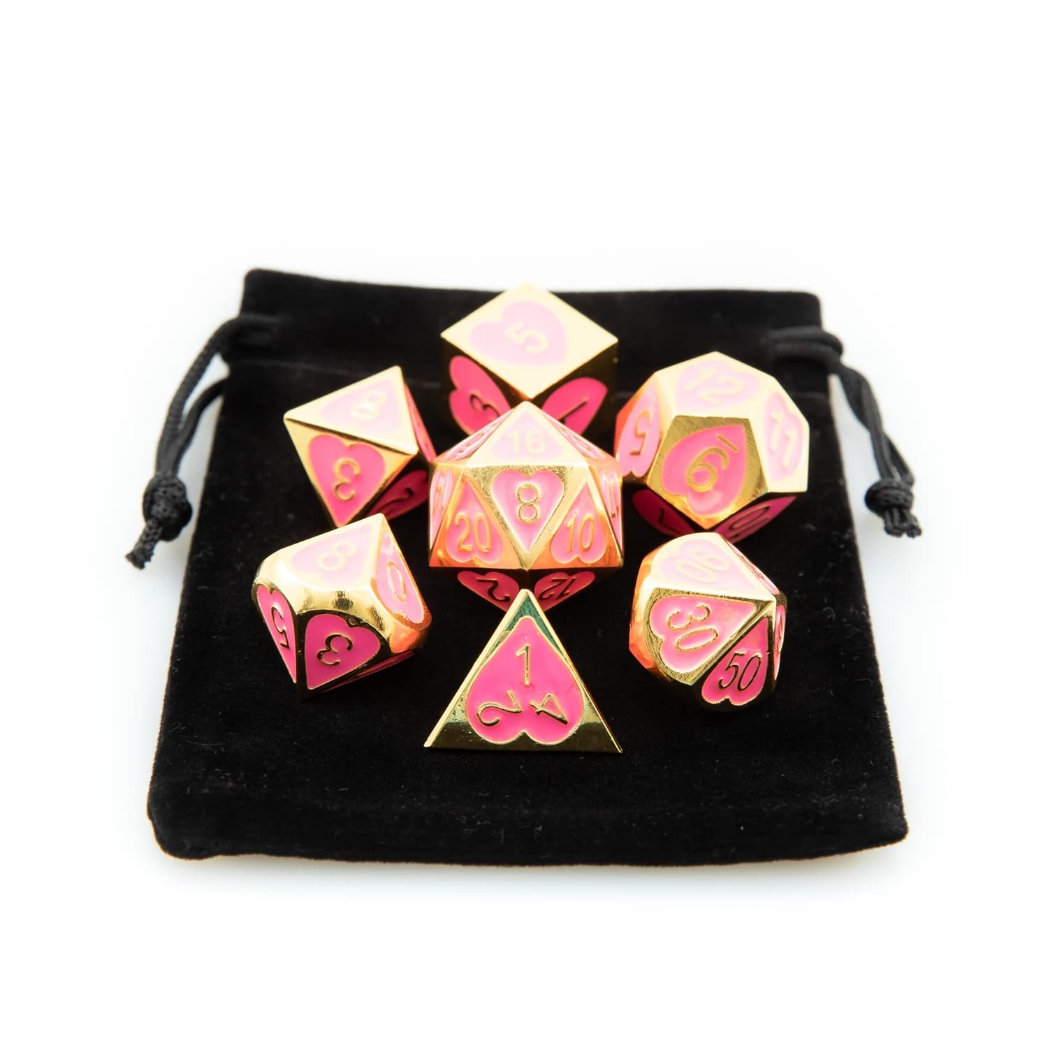 Kit 7 Dados RPG de Mesa em Metal de Luxo + 1 Dice Bag (ROSA ROYAL) | Conjunto D4 D6 D8 D10 D10% D12 D20