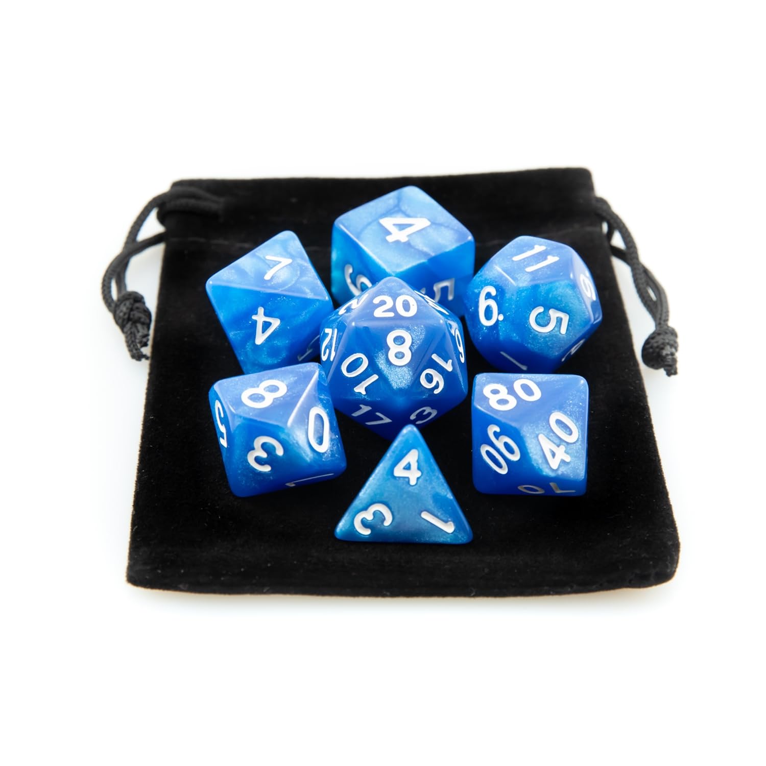 Kit 7 Dados RPG de Mesa Opaco Perolado Cor AZUL + 1 Bolsinha | Conjunto D4 D6 D8 D10 D10% D12 D20