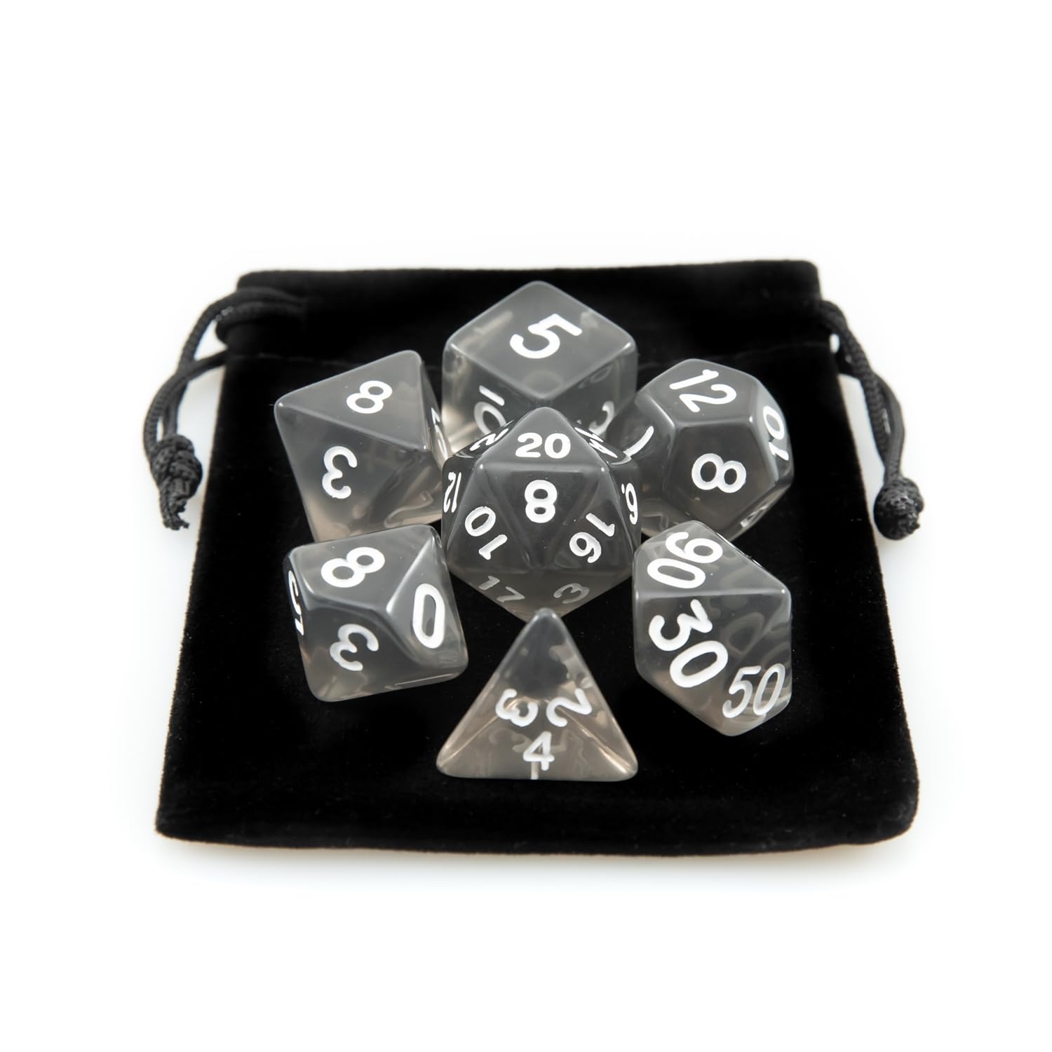 Kit 7 Dados RPG de Mesa Translucido Acrilico Conjunto D4 D6 D8 D10 D10% D12 D20 Cor PRETO + 1 Dice Bag