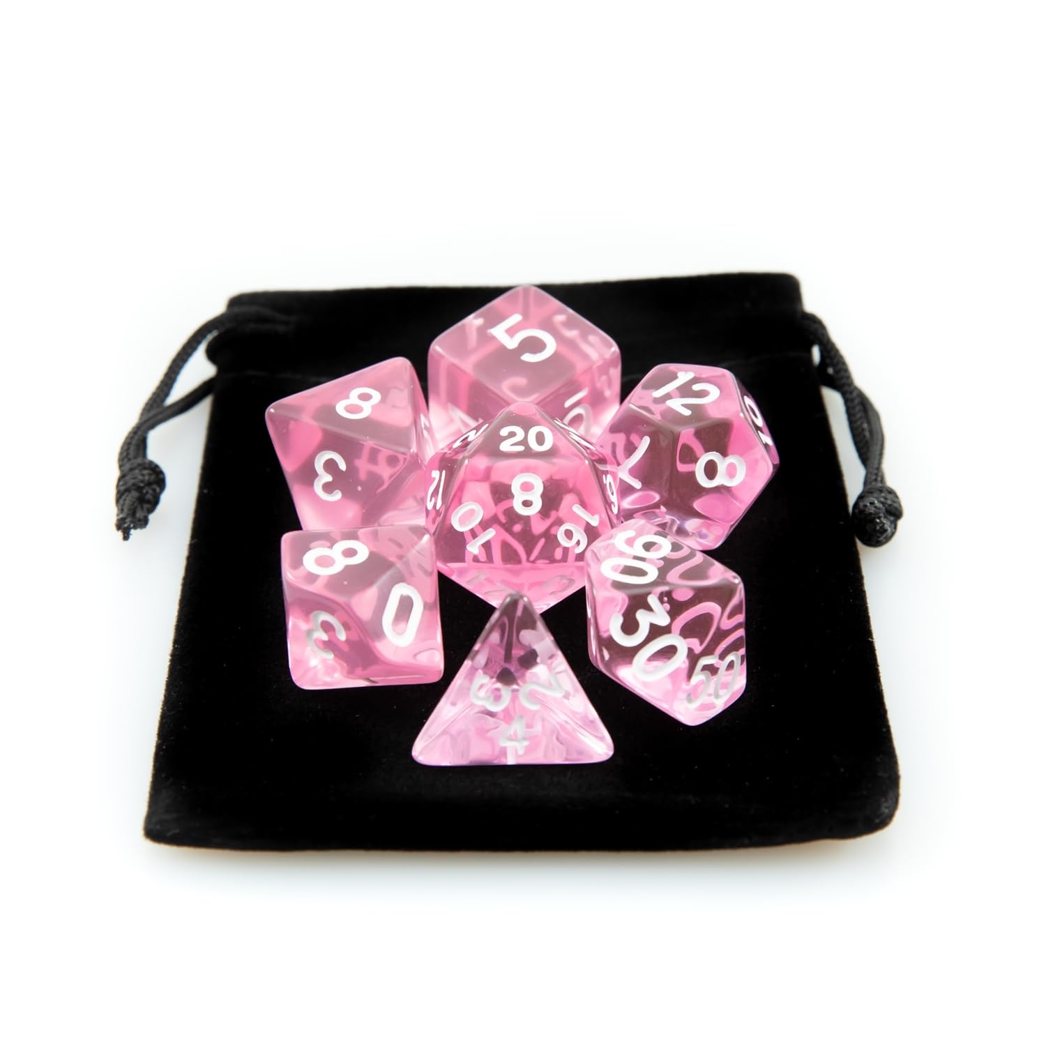 Kit 7 Dados RPG de Mesa Translucido Acrilico Conjunto D4 D6 D8 D10 D10% D12 D20 Cor ROSA + 1 Dice Bag