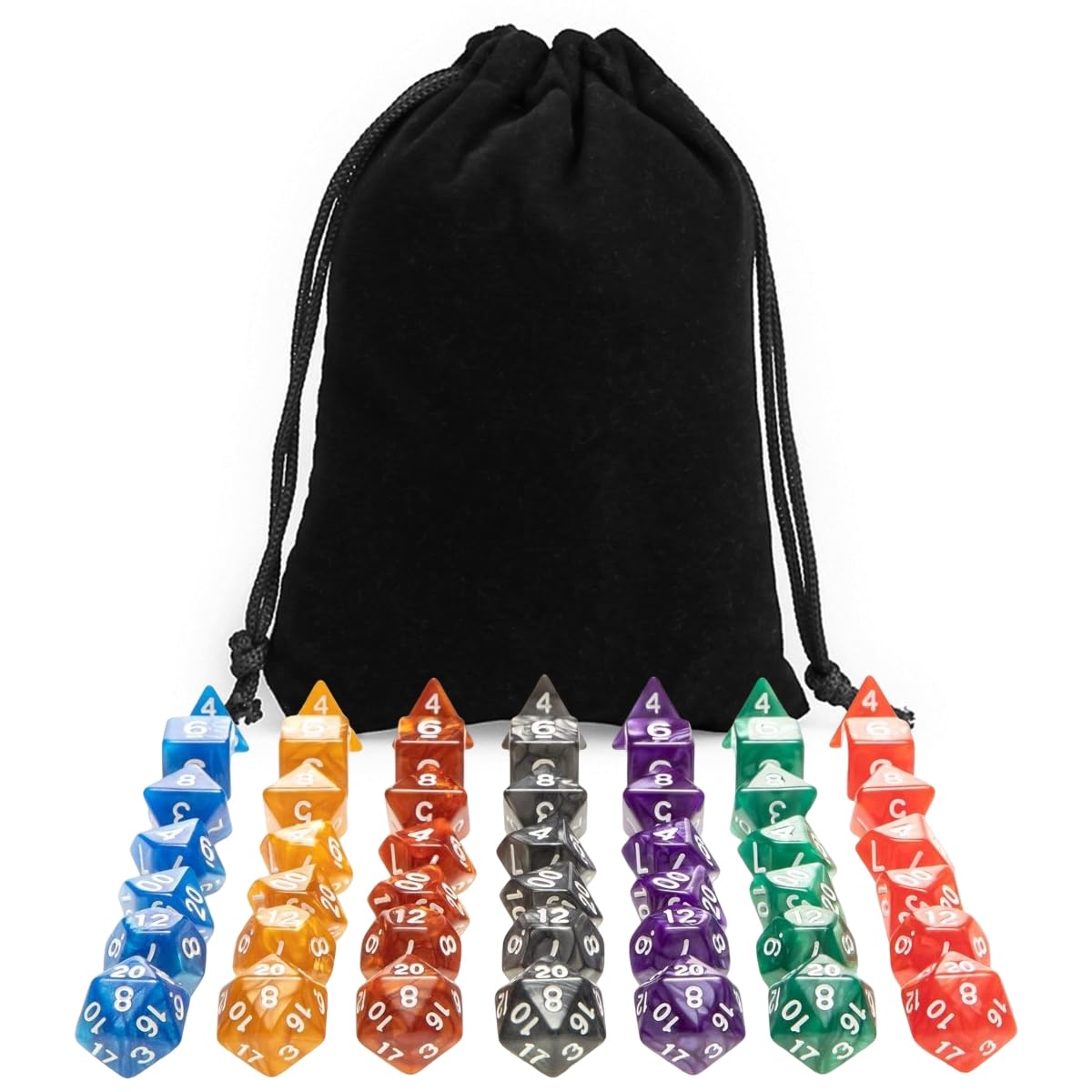 Kit 49 Dados RPG de Mesa Opaco Perolado + 1 Bolsa Grande Cor PRETA | Conjunto D4 D6 D8 D10 D10% D12 D20