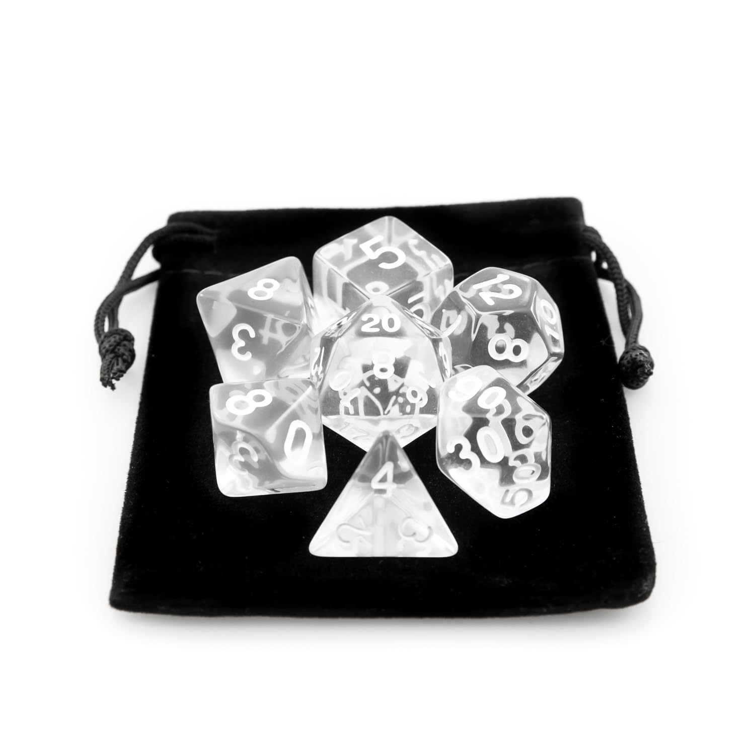 Kit 7 Dados RPG de Mesa Translucido Acrilico Conjunto D4 D6 D8 D10 D10% D12 D20 Cor TRANSPARENTE + 1 Dice Bag