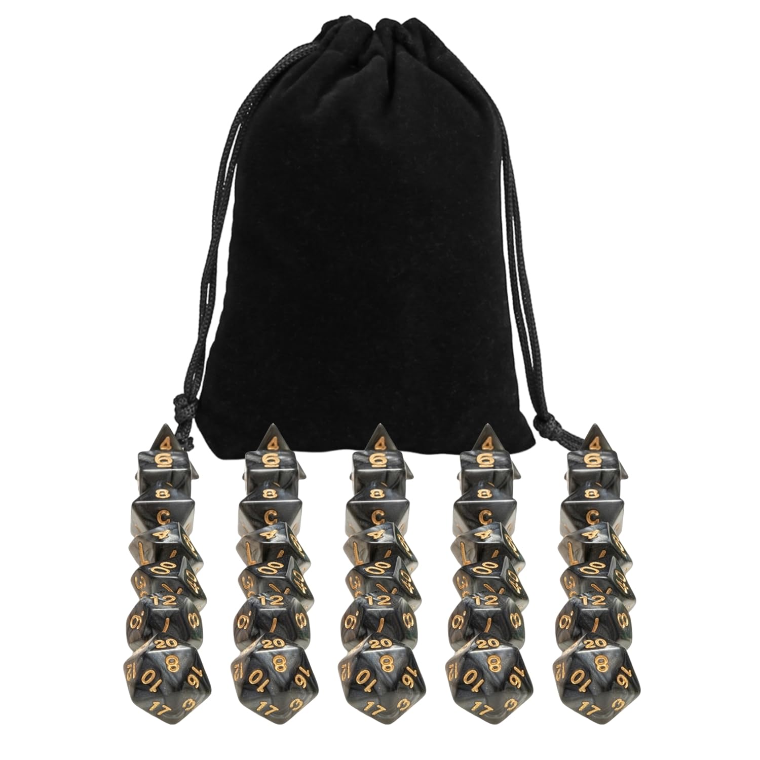 Kit 35 Dados RPG de Mesa Opaco Perolado Cor PRETO ROYAL + 1 Dice Bag | Conjunto D4 D6 D8 D10 D10% D12 D20