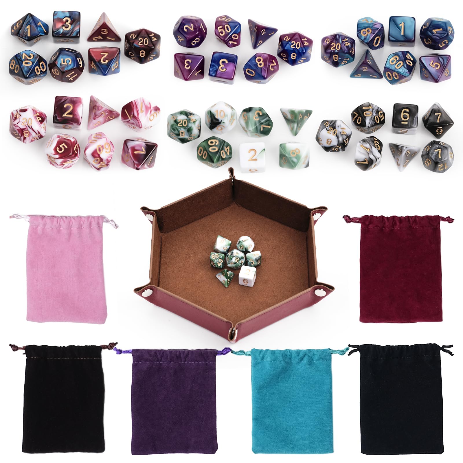 42Pcs Colour Mixing DND Dice Set with 6 Colorful Dice Bag & 1 Dice Tray D&D | Kit completo de acessórios de dados DND poliédricos, ideal para todos os jogos de RPG de mesa