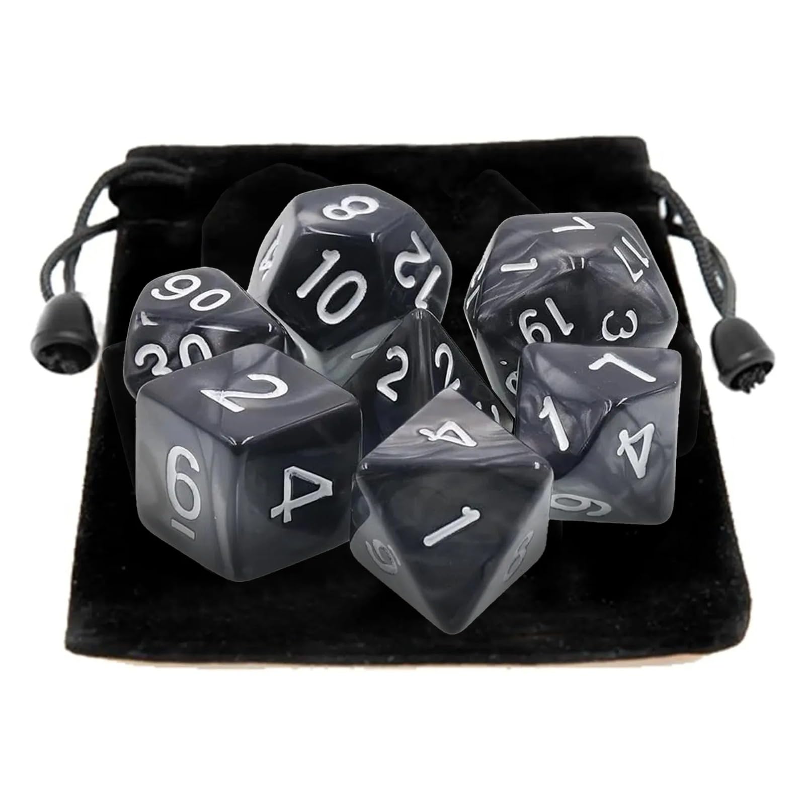 Conjunto de Dados RPG Poliedricos 7 Peças com Dice Bag de Veludo – Dados D4 D6 D8 D10 D12 D20 para Jogos de RPG de Mesa, Dungeons and Dragons, Pathfinder – Dados Marmorizados Preto com Números Brancos