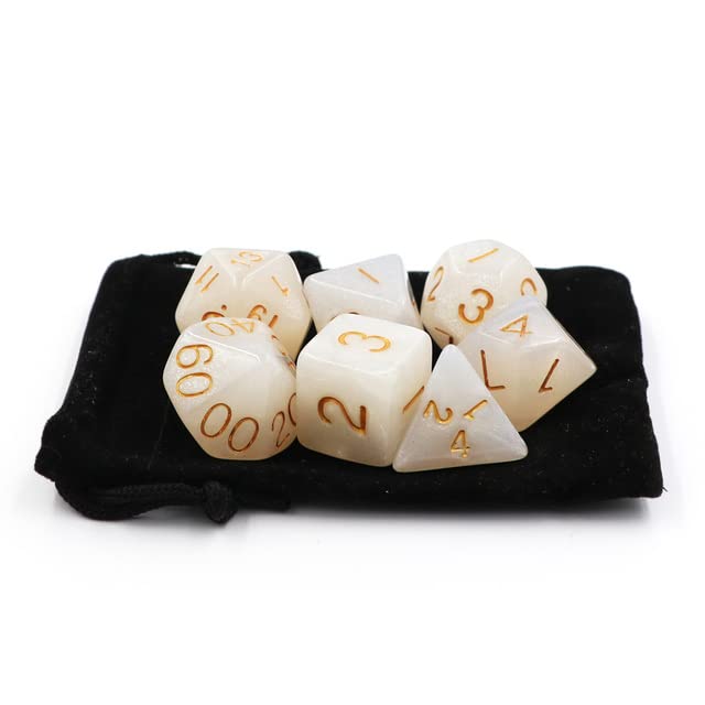 Kit 7 Dados Rpg de Mesa Perolado Marmorizado com Dourado D&D Vampiro Tormenta Mestre Boardgame Jogos de Tabuleiro D4 D6 D8 D10 D10% D12 D20 Bolsa