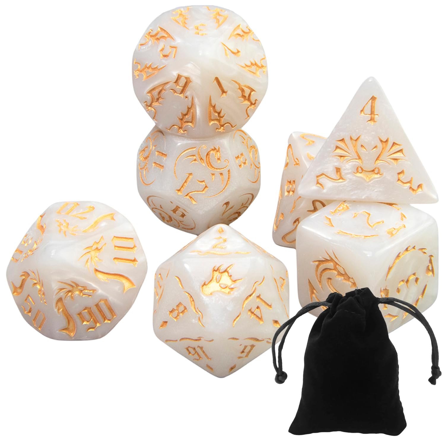 Kit 7 Dados Rpg de Mesa Runas Dragão D4 D6 D8 D10 D10% D12 D20 Boardgame Tormenta D&D Mago Mestre Vampiro Jogos de Tabuleiro com Bolsa (Branco com Dourado)