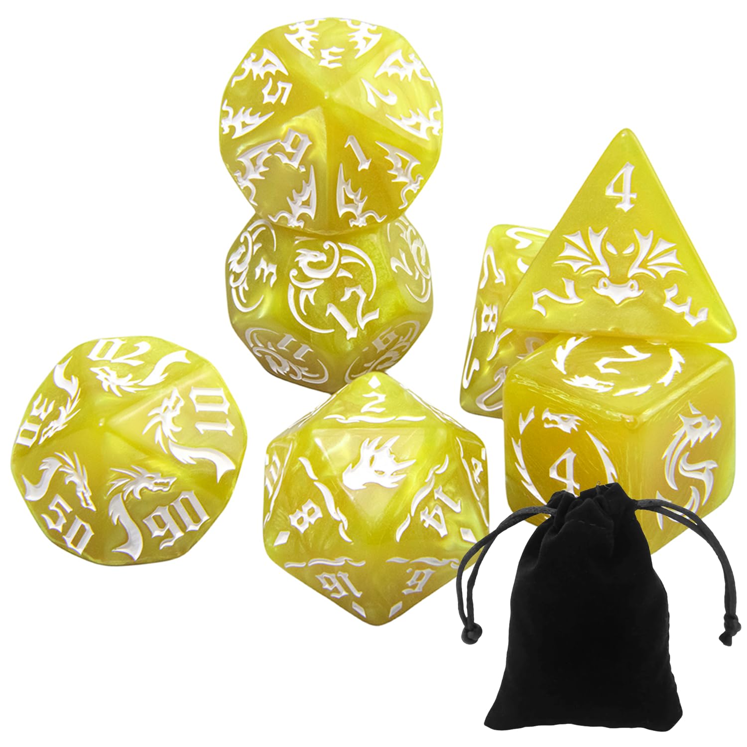 Kit 7 Dados Rpg de Mesa Runas Dragão D4 D6 D8 D10 D10% D12 D20 Boardgame Tormenta D&D Mago Mestre Vampiro Jogos de Tabuleiro com Bolsa (Amarelo com Branco)
