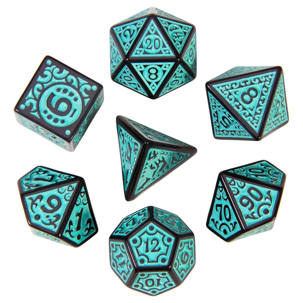 Kit 7 Dados RPG de Mesa - Dados Runas Tribais Coloridas D4 ao D20 | Conjunto Completo Rúnico DnD (Turquesa)