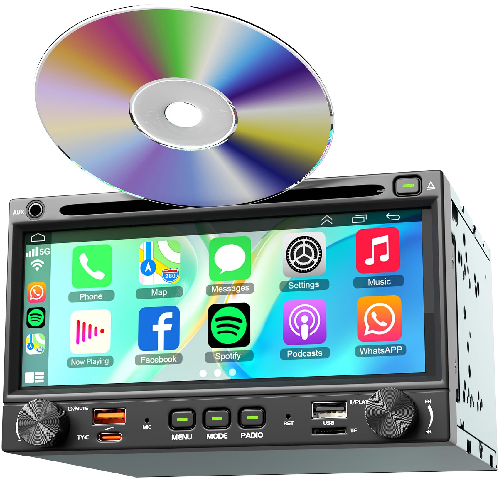Rádio de carro duplo Din com leitor de CD/DVD estéreo unidade de cabeça de tela HD de 7 polegadas | Áudio automotivo sem fio CarPlay Android com receptor de rádio Bluetooth AM/FM, USB/TF/AUX/Mirrorlink/SWC, câmera