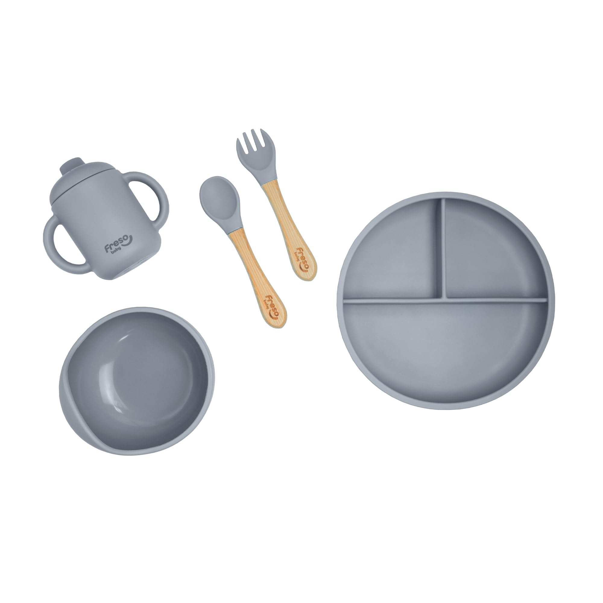 Freso Baby Kit Alimentação De Bebê Silicone Atóxico Livre Bpa Introdução Alimentar Blw Tigela Prato Ventosa Talher Infantil Fácil De Limpar Cor Cinza
